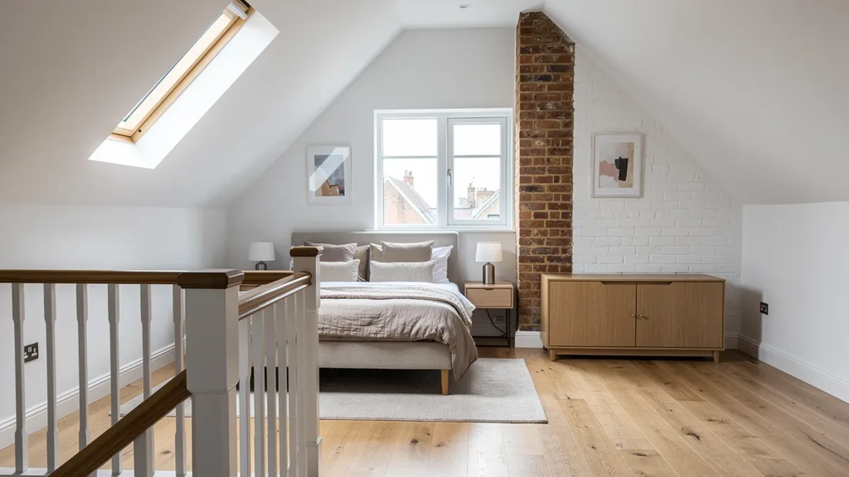 Illustrative dormer loft bedroom with roof window and period character, suited to Broadwater's mixed housing