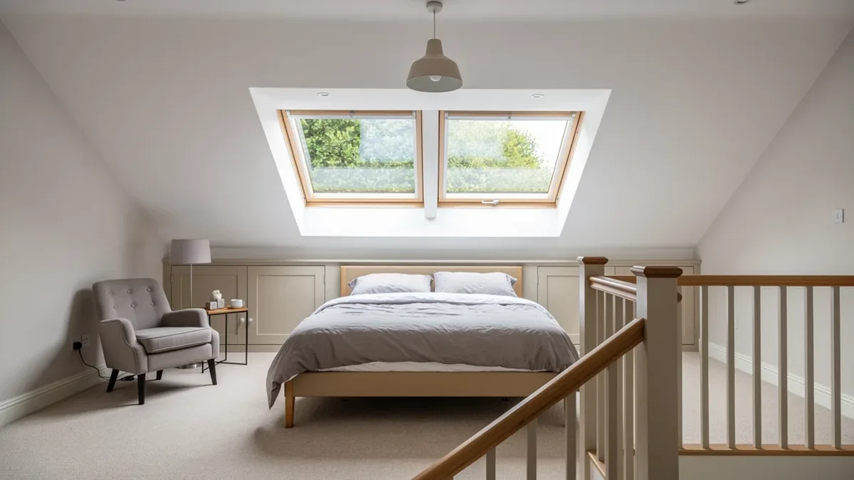 Illustrative hip-to-gable loft bedroom with a large rear dormer, suited to Durrington's 1930s semis