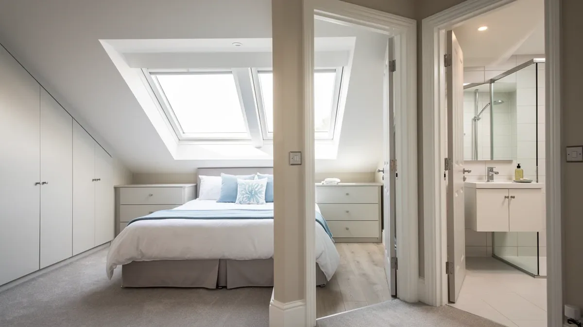 Illustrative bungalow loft bedroom with a large rear dormer and light coastal decor