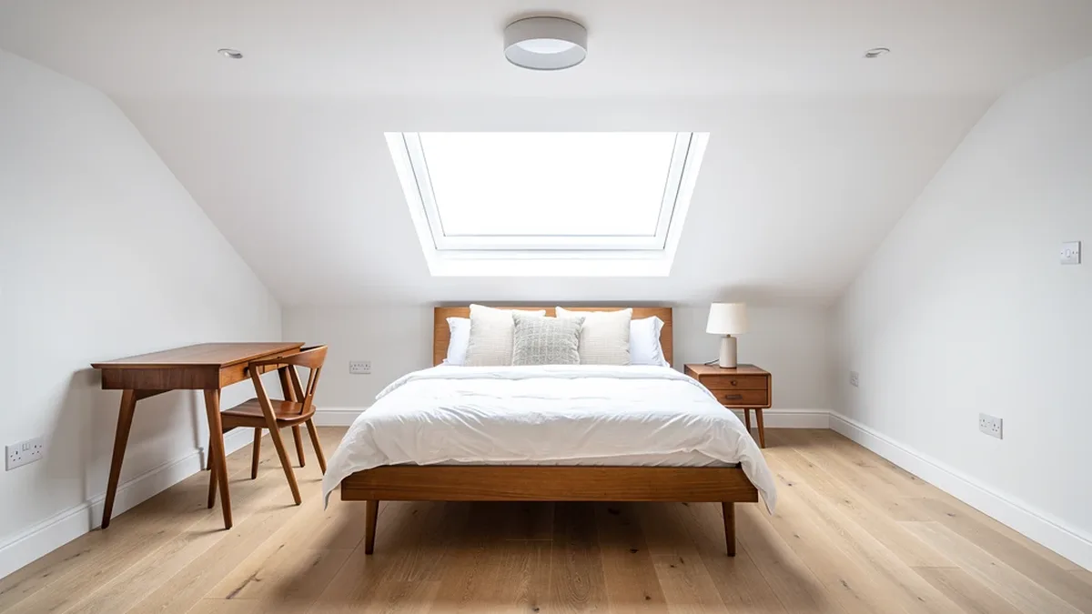 Illustrative full-width dormer loft bedroom in a converted bungalow, bright and spacious
