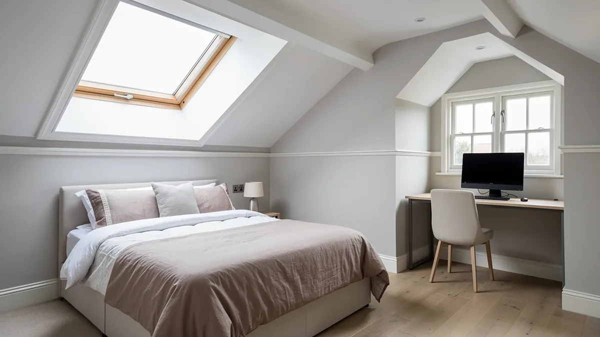 Illustrative L-shaped dormer loft bedroom with a study nook and period details, suited to Heene's Edwardian villas