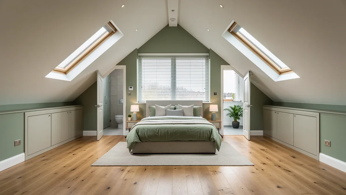 Illustrative spacious loft bedroom suite with dormer and roof windows in a large detached home