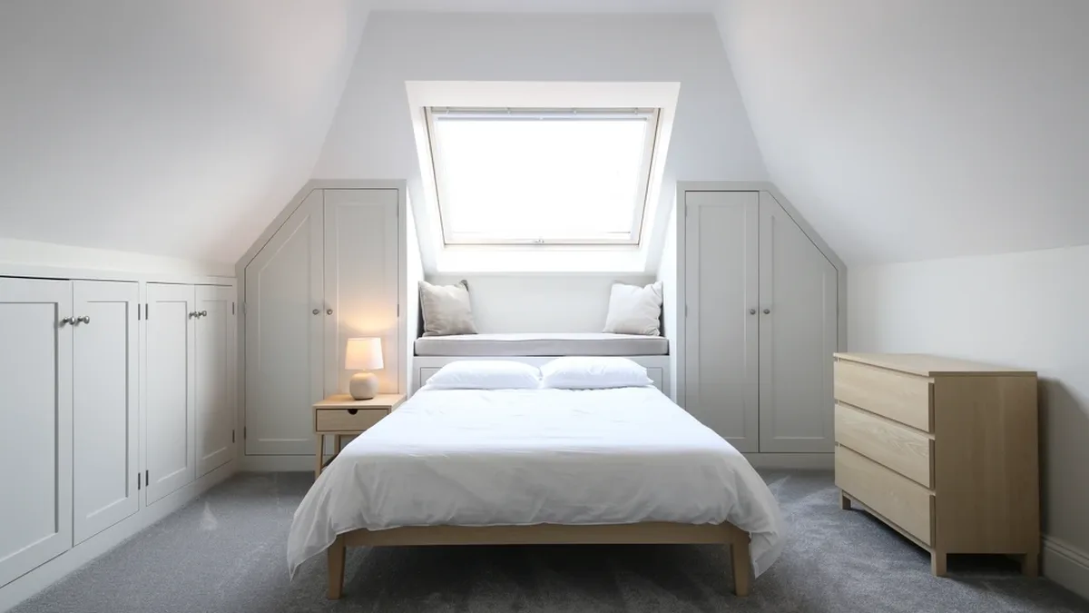 Illustrative rear dormer loft bedroom with fitted eaves storage, suited to Lancing's interwar semis