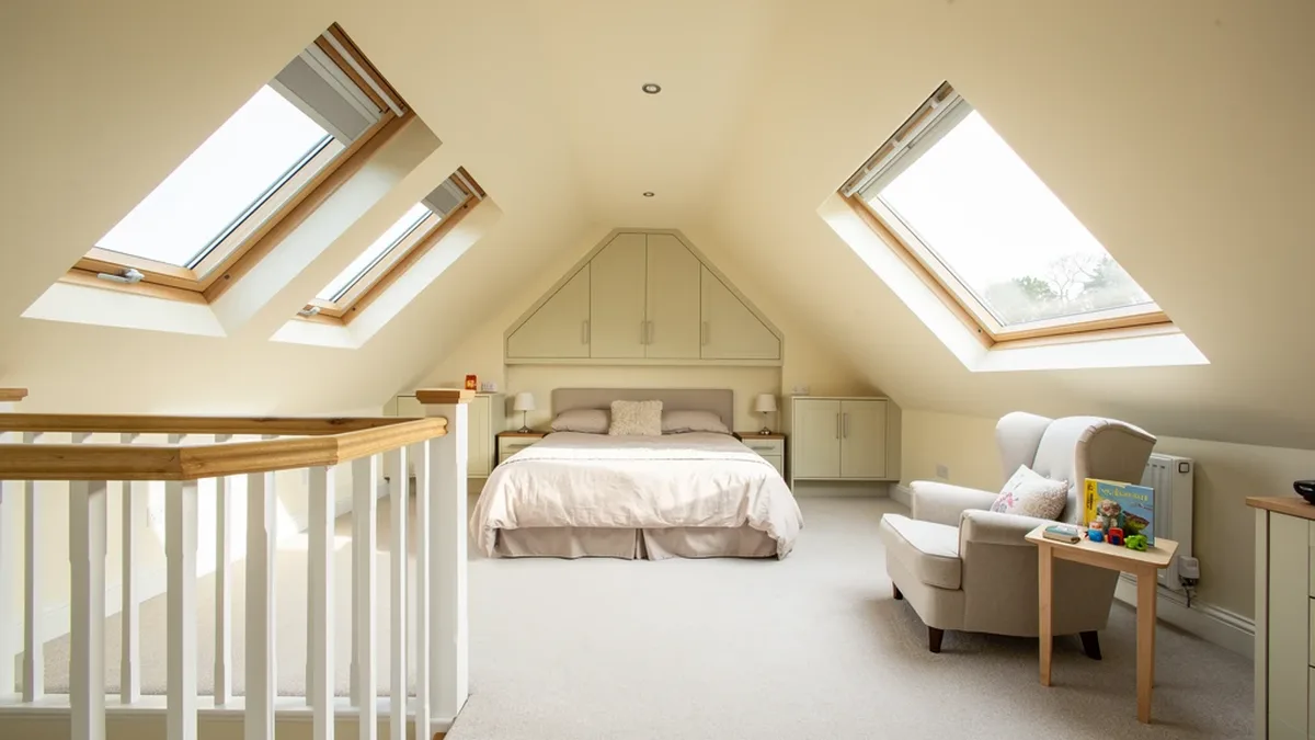 Illustrative bungalow loft guest bedroom with a large dormer and roof windows
