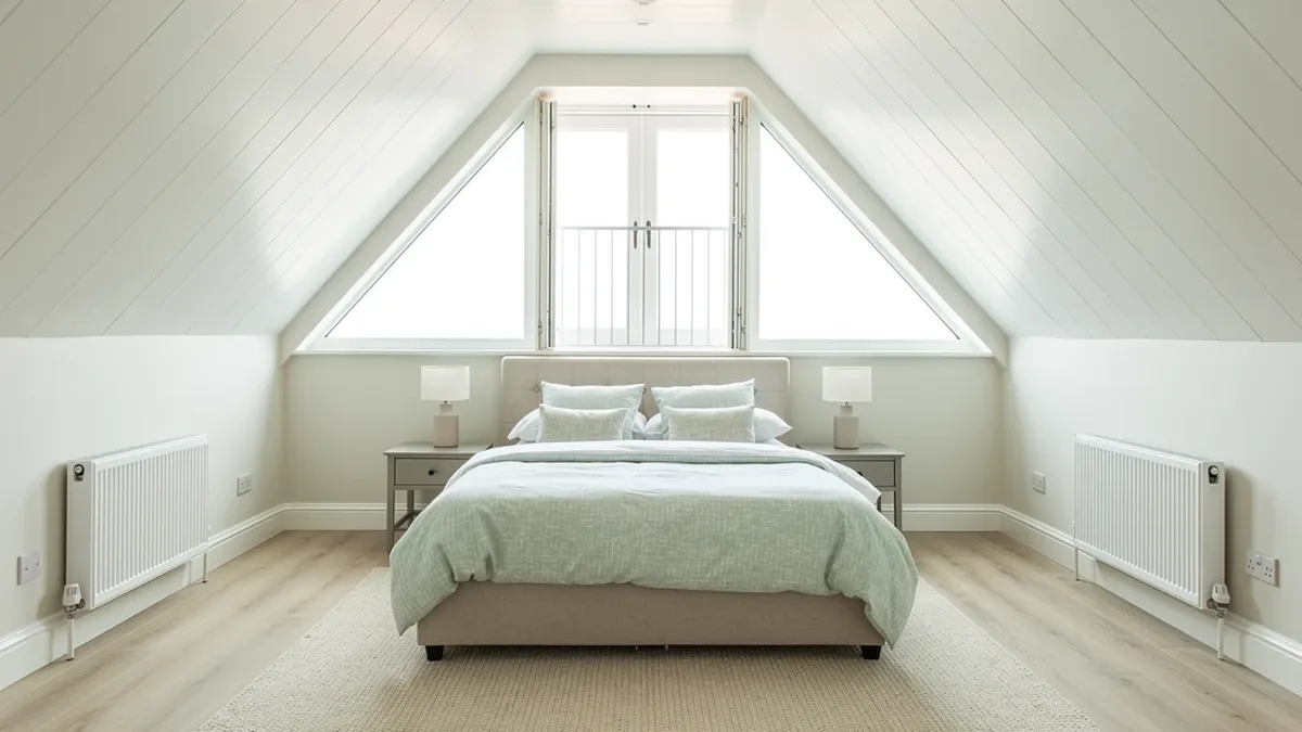 Illustrative loft bedroom with a rear dormer and Juliet balcony doors