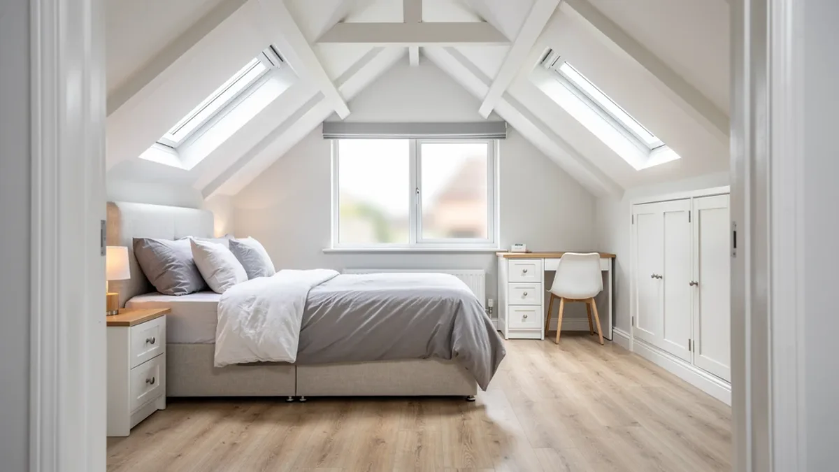 Illustrative dormer loft bedroom in a postwar bungalow with roof windows