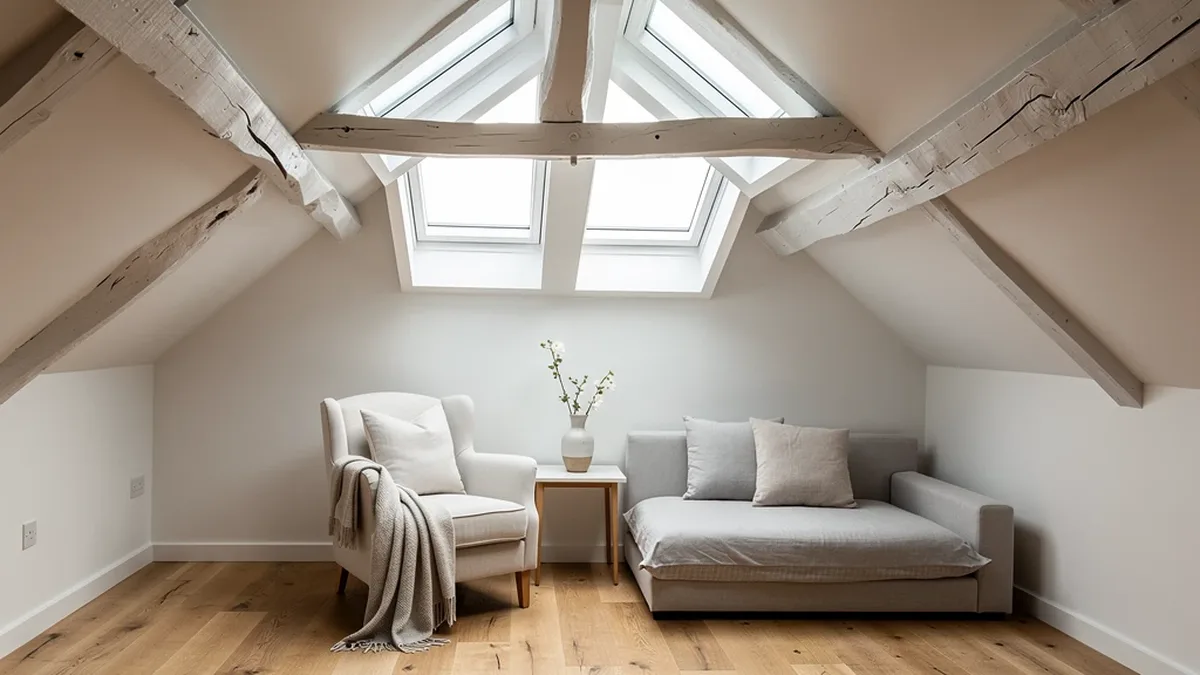 Illustrative loft room with flush conservation-style roof windows and exposed painted timbers, suited to conservation-area homes in West Tarring