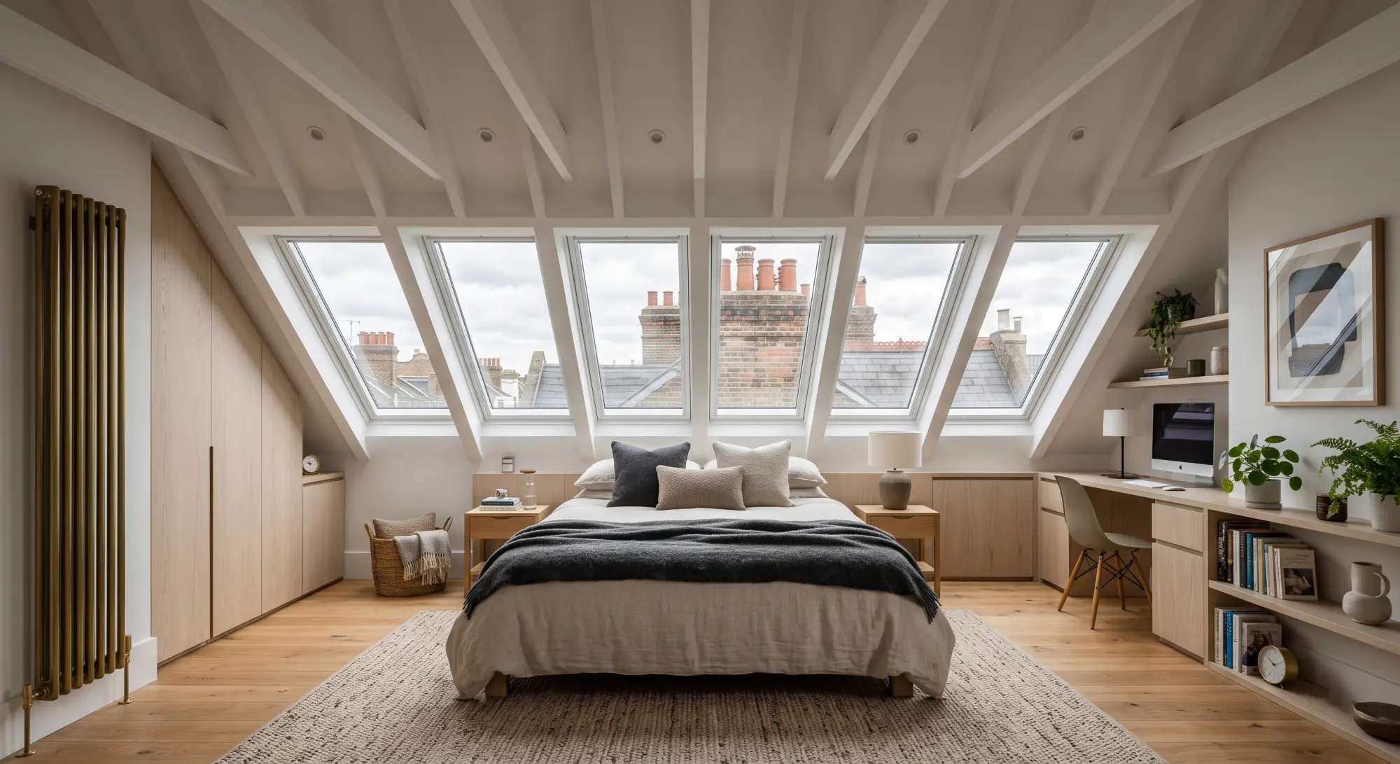 Bright loft conversion bedroom with angled skylight windows overlooking Worthing rooftops and chimney pots