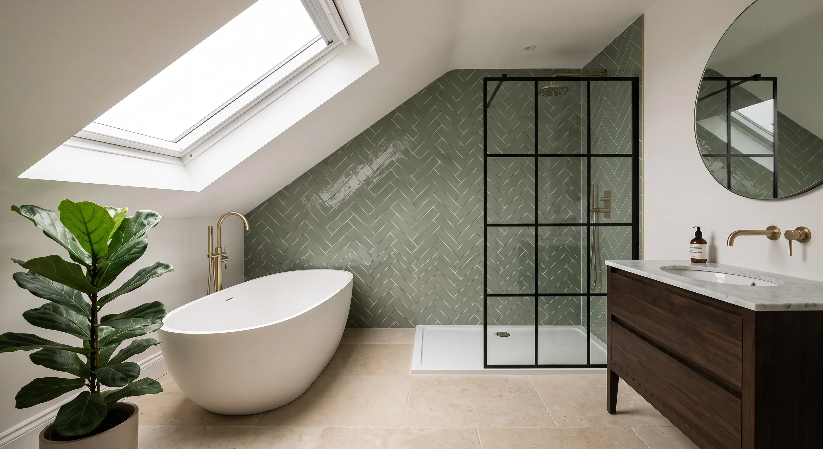 Loft ensuite bathroom under a Velux skylight window