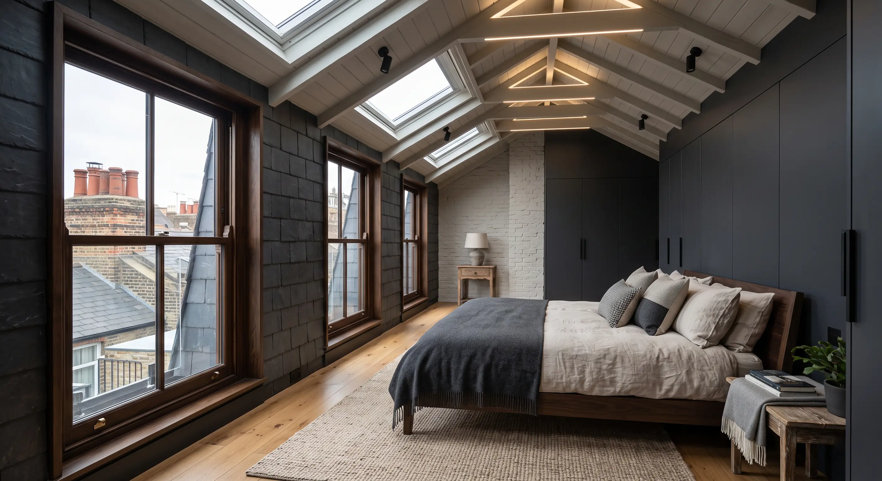 Mansard loft bedroom with slate-clad dormer cheeks