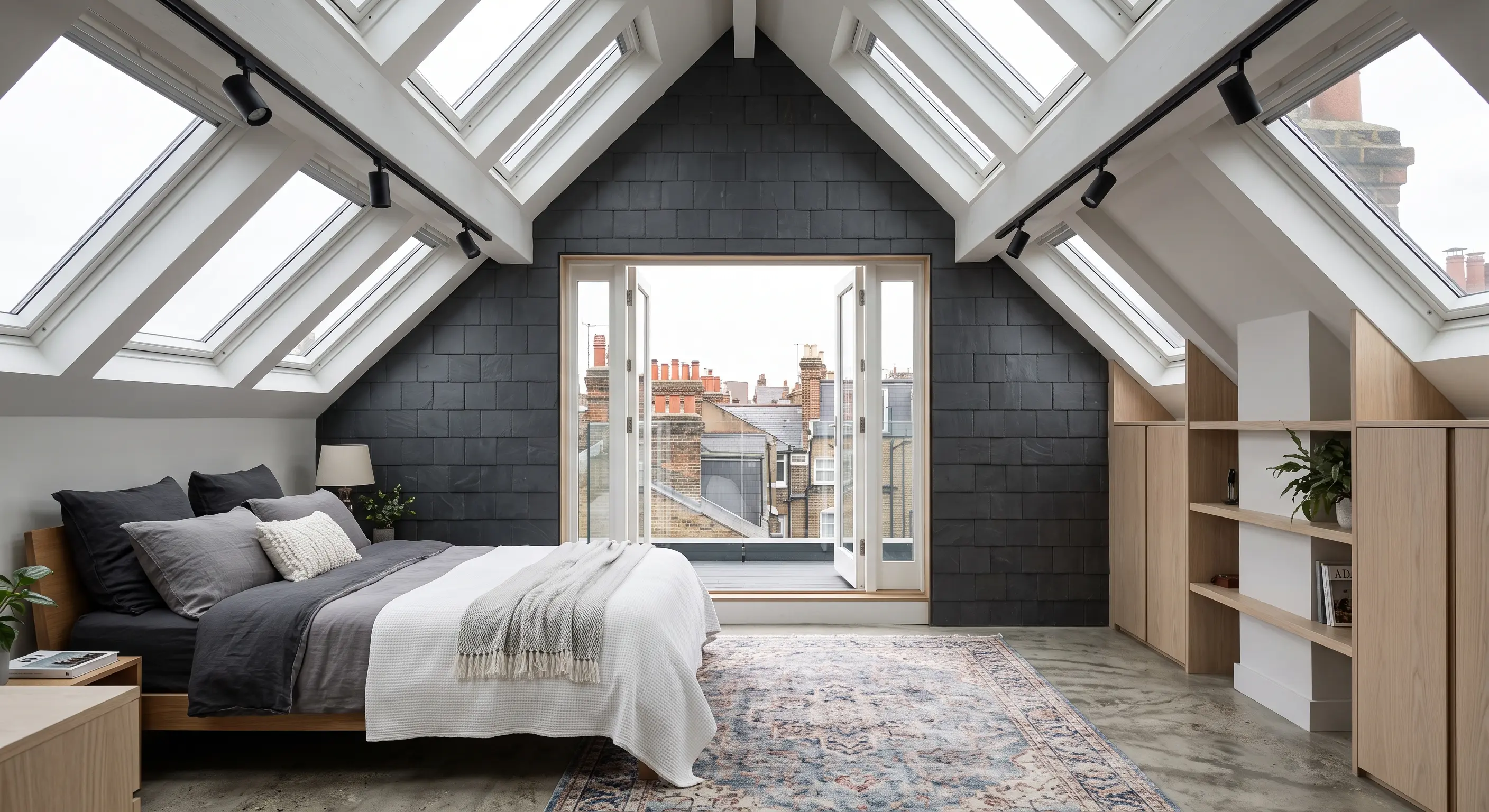 Mansard loft bedroom with Juliet balcony doors
