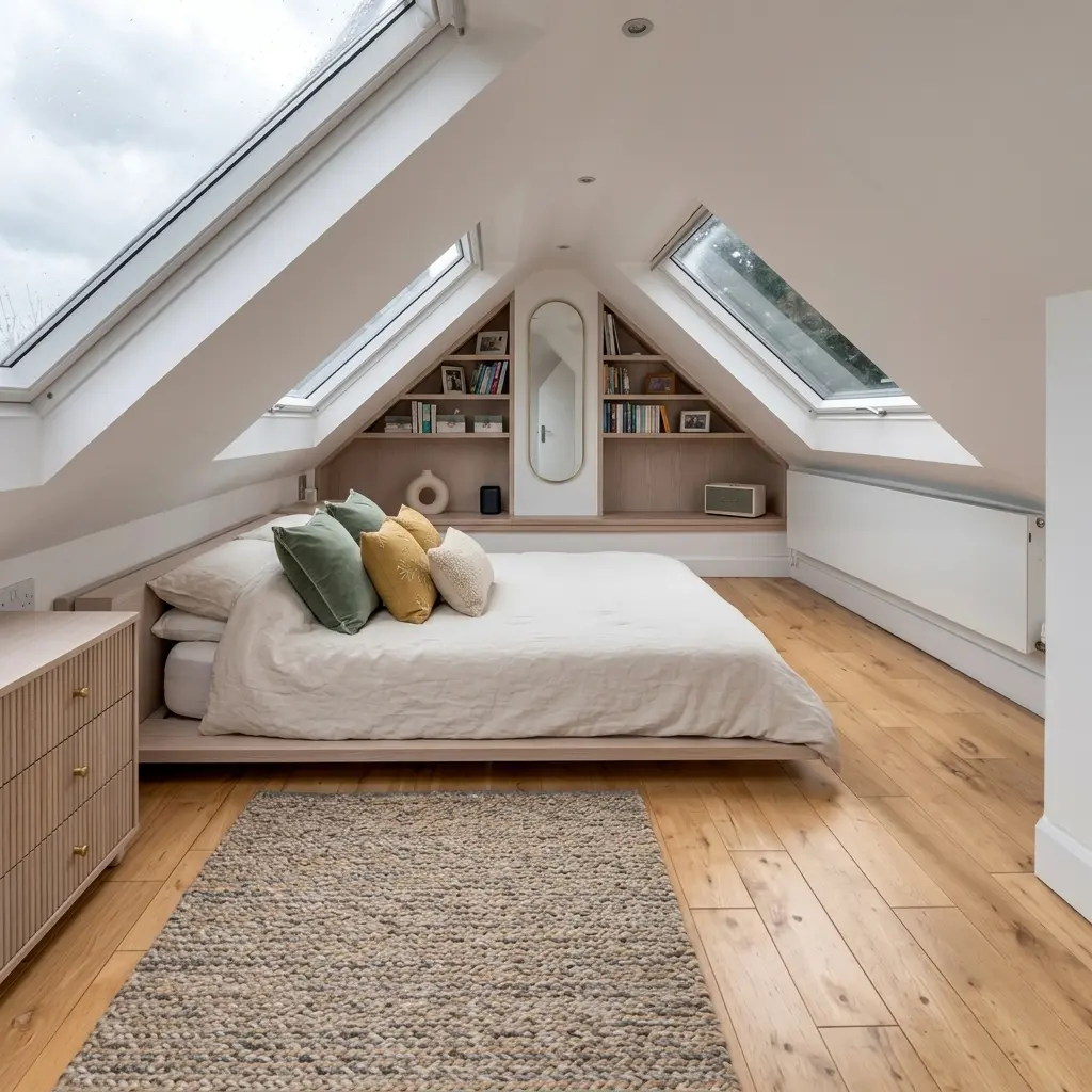 Loft bedroom lit by Velux skylight windows