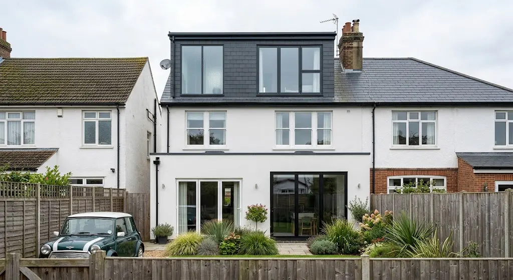 Semi-detached house with a hip-to-gable loft conversion and rear extension