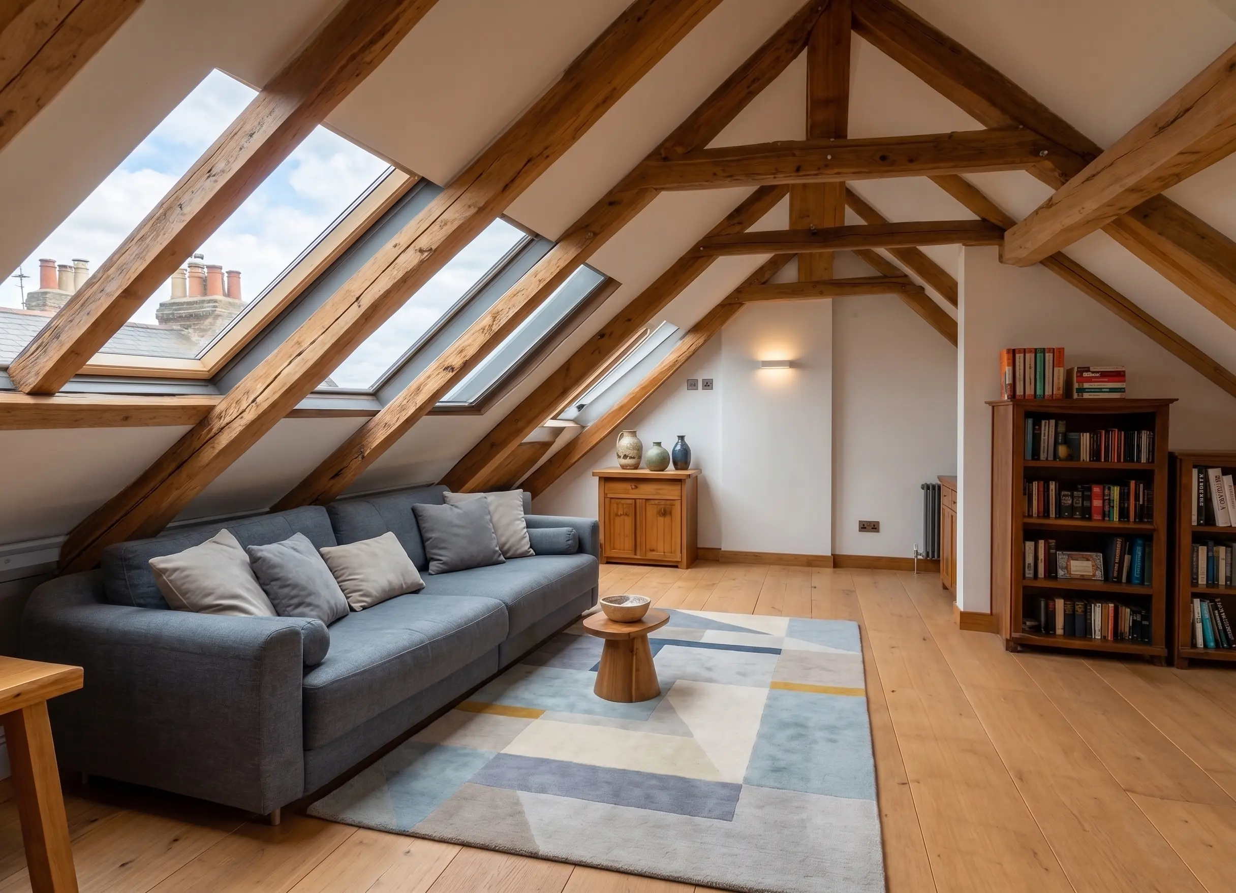 Converted loft living space with exposed roof beams and Velux skylights