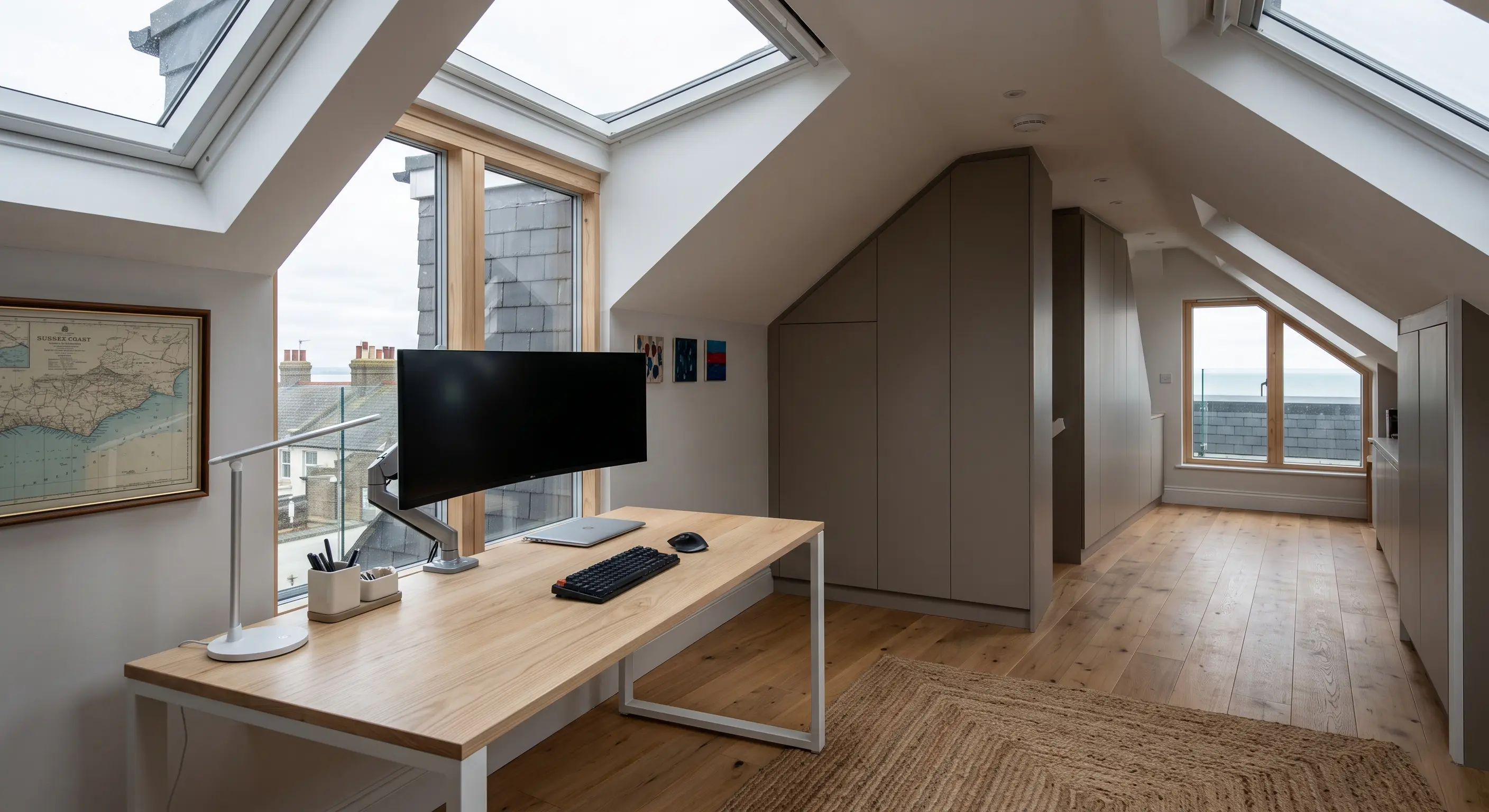 Mansard loft home office with near-vertical walls, full-height windows and a coastal view
